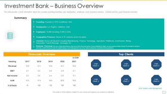Pitchbook For IPO Deal Investment Bank Business Overview Professional PDF Pitchbook For IPO Deal Investment Bank Business Overview Professional PDF