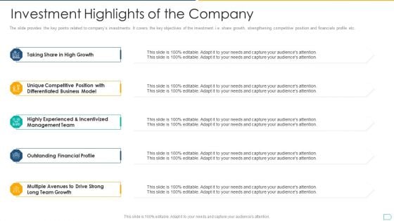 Pitchbook For IPO Deal Investment Highlights Of The Company Icons PDF