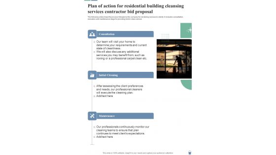 Plan Action Residential Building Cleansing Services Contractor Bid Proposal One Pager Sample Example Document Plan Action Residential Building Cleansing Services Contractor Bid Proposal One Pager Sample Example Document