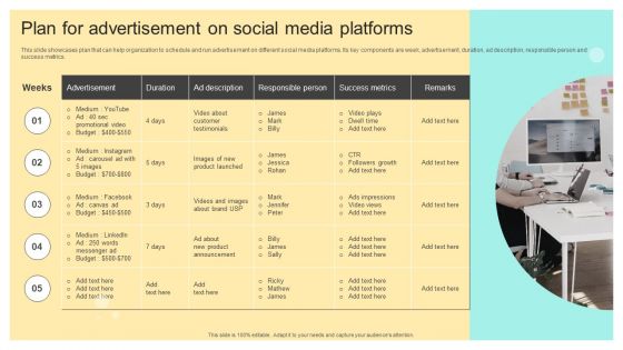 Plan For Advertisement On Social Media Platforms Online And Offline Brand Promotion Brochure PDF