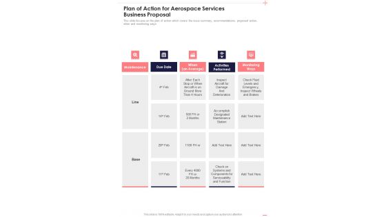 Plan Of Action For Aerospace Services Business Proposal One Pager Sample Example Document Plan Of Action For Aerospace Services Business Proposal One Pager Sample Example Document