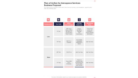 Plan Of Action For Aerospace Services Business Proposal One Pager Sample Example Document