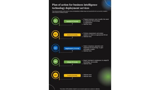 Plan Of Action For Business Intelligence Technology Deployment Services One Pager Sample Example Document Plan Of Action For Business Intelligence Technology Deployment Services One Pager Sample Example Document