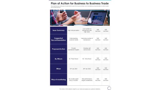 Plan Of Action For Business To Business Trade One Pager Sample Example Document