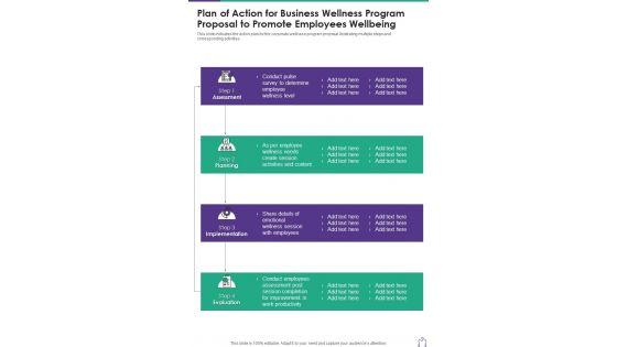 Plan Of Action For Business Wellness Program Proposal To Promote One Pager Sample Example Document