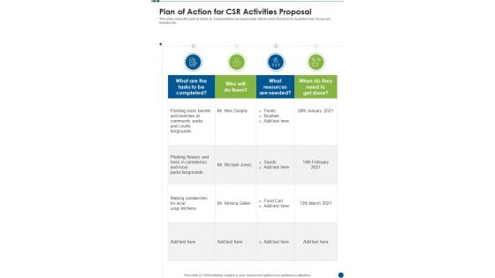 Plan Of Action For CSR Activities Proposal One Pager Sample Example Document