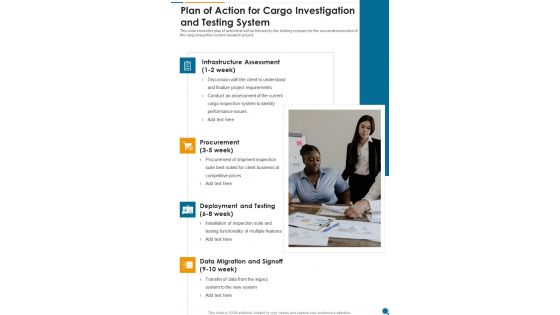 Plan Of Action For Cargo Investigation And Testing System One Pager Sample Example Document