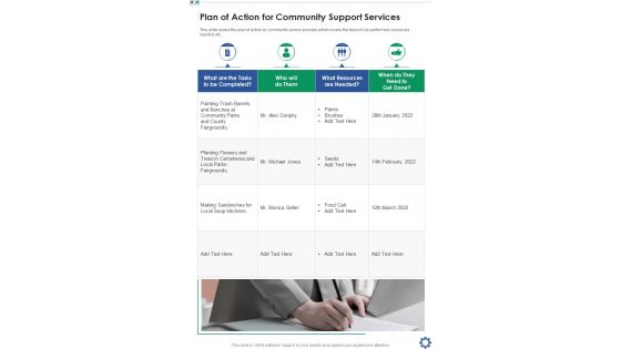 Plan Of Action For Community Support Services One Pager Sample Example Document