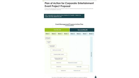 Plan Of Action For Corporate Entertainment Event Project Proposal One Pager Sample Example Document