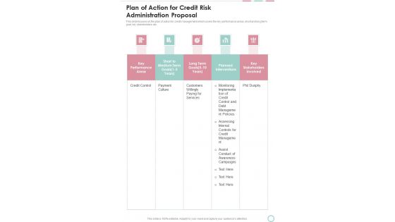 Plan Of Action For Credit Risk Administration Proposal One Pager Sample Example Document
