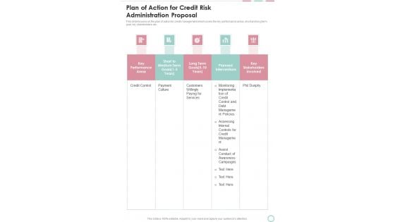 Plan Of Action For Credit Risk Administration Proposal One Pager Sample Example Document Plan Of Action For Credit Risk Administration Proposal One Pager Sample Example Document