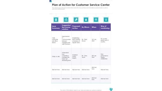 Plan Of Action For Customer Service Center One Pager Sample Example Document