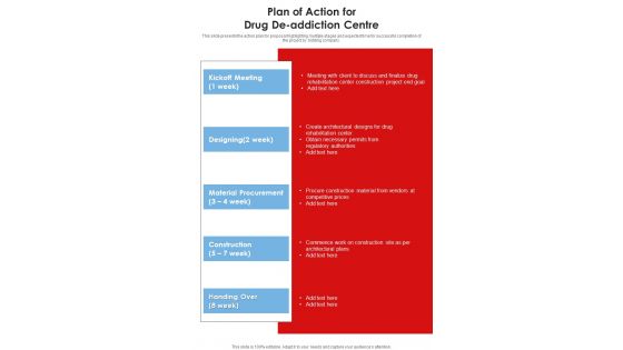 Plan Of Action For Drug De Addiction Centre One Pager Sample Example Document