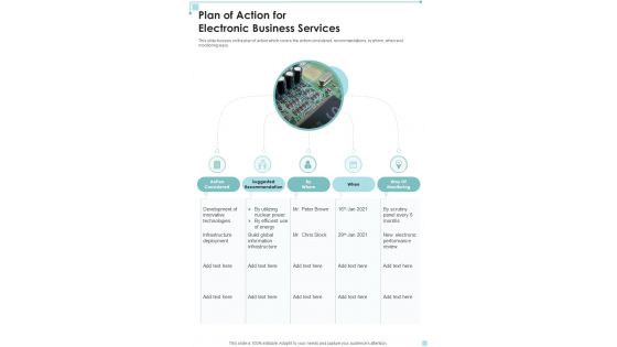 Plan Of Action For Electronic Business Services One Pager Sample Example Document