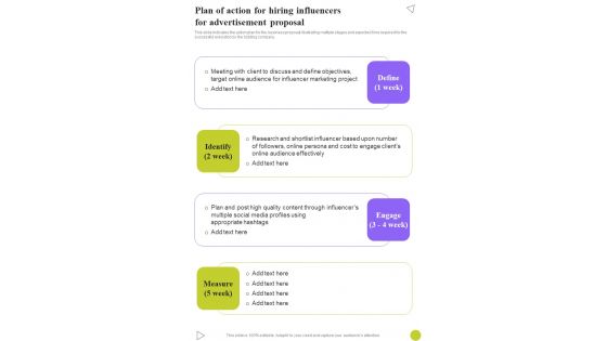 Plan Of Action For Hiring Influencers For Advertisement Proposal One Pager Sample Example Document