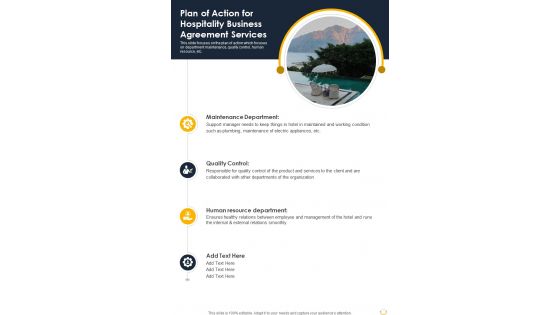 Plan Of Action For Hospitality Business Agreement Services One Pager Sample Example Document