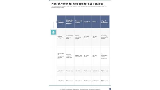 Plan Of Action For Proposal For B2B Services One Pager Sample Example Document