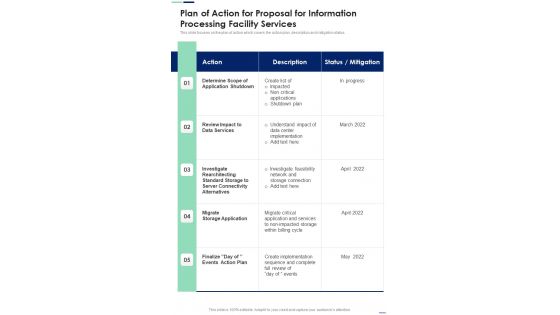 Plan Of Action For Proposal For Information Processing Facility Services One Pager Sample Example Document