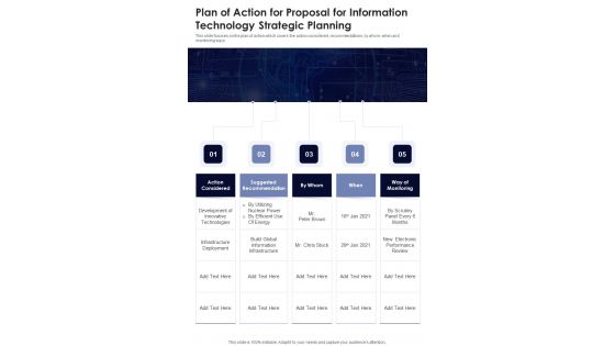 Plan Of Action For Proposal For Information Technology Strategic Planning One Pager Sample Example Document