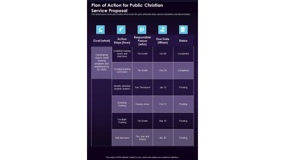 Plan Of Action For Public Christian Service Proposal One Pager Sample Example Document Plan Of Action For Public Christian Service Proposal One Pager Sample Example Document