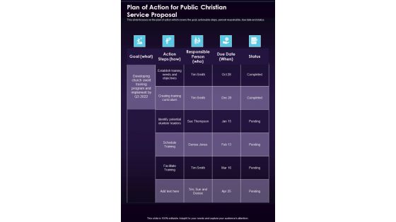 Plan Of Action For Public Christian Service Proposal One Pager Sample Example Document