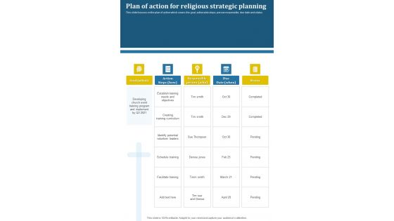 Plan Of Action For Religious Strategic Planning One Pager Sample Example Document