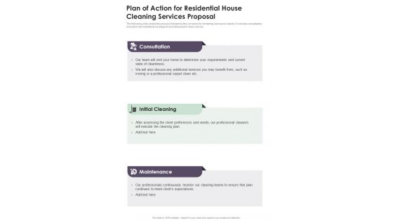 Plan Of Action For Residential House Cleaning Services Proposal One Pager Sample Example Document
