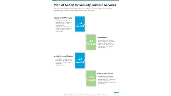 Plan Of Action For Security Camera Services One Pager Sample Example Document