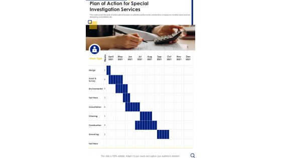 Plan Of Action For Special Investigation Services One Pager Sample Example Document
