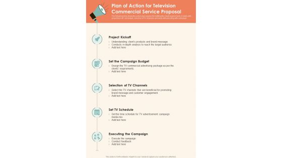 Plan Of Action For Television Commercial Service Proposal One Pager Sample Example Document Plan Of Action For Television Commercial Service Proposal One Pager Sample Example Document