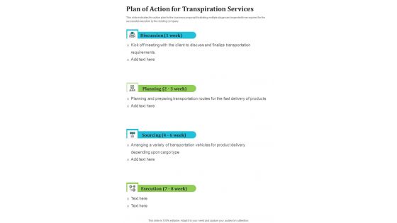 Plan Of Action For Transpiration Services One Pager Sample Example Document