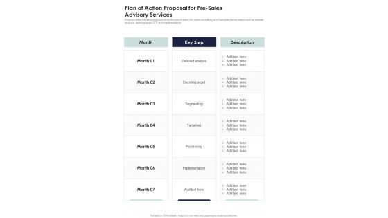 Plan Of Action Proposal For Pre Sales Advisory Services One Pager Sample Example Document