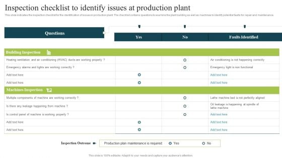 Plan To Enhance Manufacturing Inspection Checklist To Identify Issues At Production Summary PDF