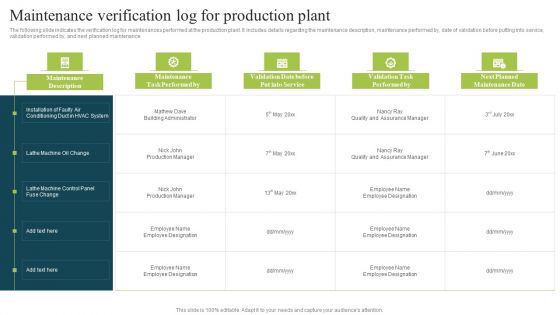 Plan To Enhance Manufacturing Maintenance Verification Log For Production Plant Brochure PDF