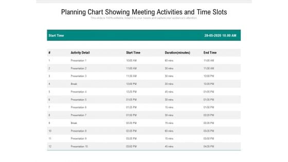 Planning Chart Showing Meeting Activities And Time Slots Ppt PowerPoint Presentation Slides Model PDF