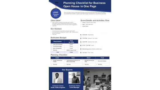 Planning Checklist For Business Open House In One Page PDF Document PPT Template