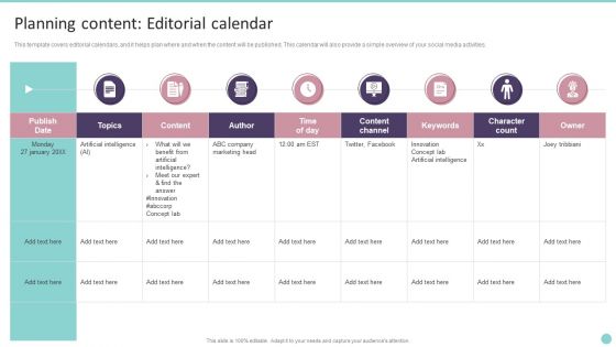 Planning Content Editorial Calendar Playbook For Promoting Social Media Brands Structure PDF