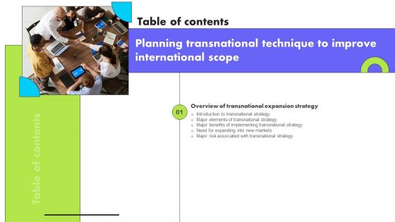 Planning Transnational Technique To Improve International Scope Table Of Contents Icons PDF