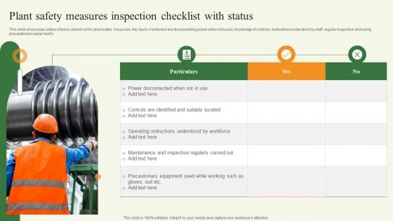 Plant Safety Measures Inspection Checklist With Status Infographics PDF