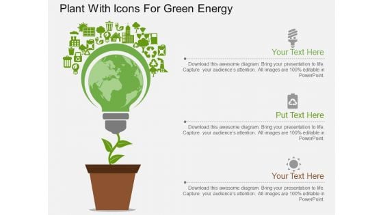 Plant With Icons For Green Energy Powerpoint Template