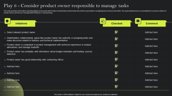 Playbook For Advancing Technology Play 6 Consider Product Owner Responsible Slides PDF