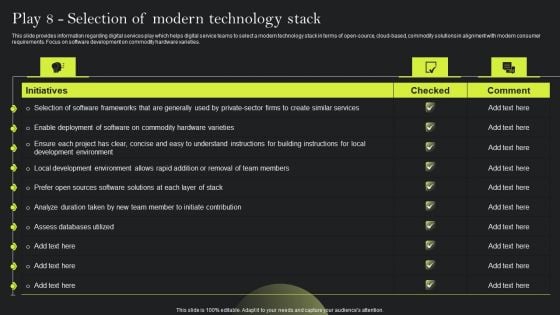 Playbook For Advancing Technology Play 8 Selection Of Modern Technology Stack Inspiration PDF