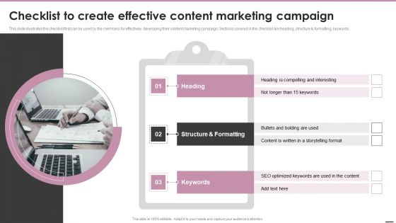 Playbook For Content Marketing Strategies Checklist To Create Effective Content Marketing Campaign Microsoft PDF