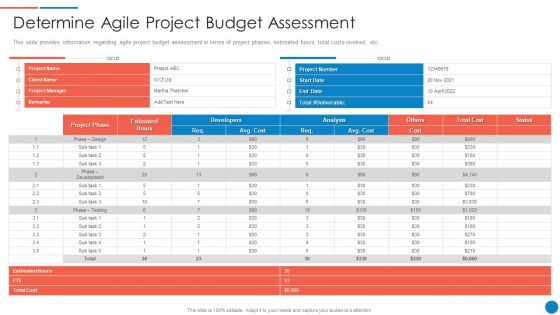 Playbook For Lean Agile Project Administration Determine Agile Project Budget Assessment Background PDF