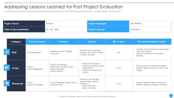 Playbook For Project Product Administration Addressing Lessons Learned For Post Project Evaluation Download PDF
