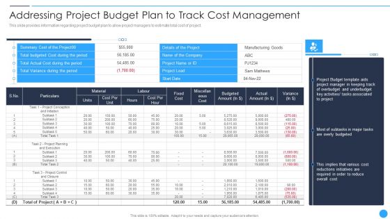 Playbook For Project Product Administration Addressing Project Budget Plan To Track Cost Management Inspiration PDF