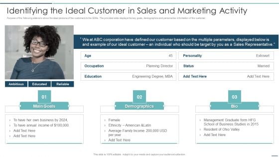 Playbook For Sales Development Executives Identifying The Ideal Customer In Sales And Marketing Activity Elements PDF