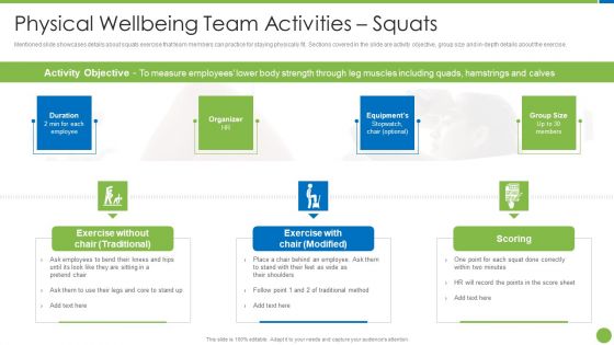 Playbook For Staff Wellbeing Physical Wellbeing Team Activities Squats Template PDF