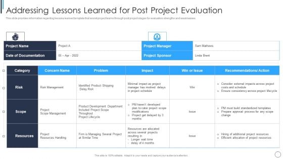 Playbook For Successful Project Management Addressing Lessons Learned Microsoft PDF