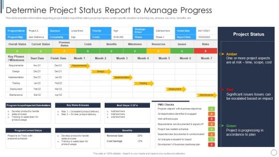 Playbook For Successful Project Management Determine Project Status Report Portrait PDF